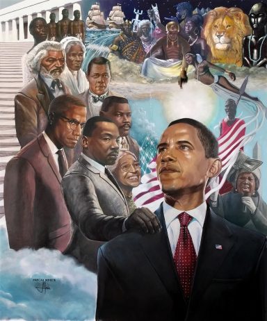 Portrait d'Obama entouré de figures historiques afro-américaines et de symboles de la liberté.